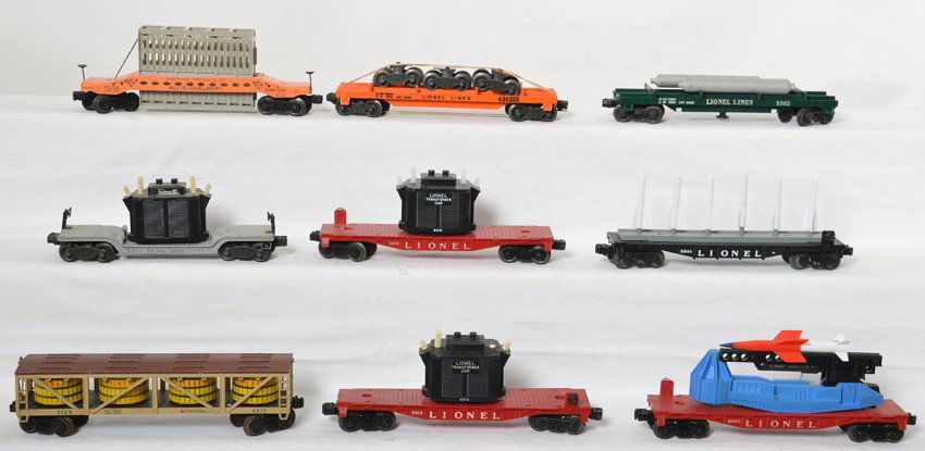 Lionel 6650, 6844, 6519, 6818, etc: Lionel Postwar O gauge flats and vat cars. Includes 6650 missile launching flat with repro missile, 6844 missile flat with repro missiles, 3362 operating flat with helium tanks, faded 6519 Allis Chalm