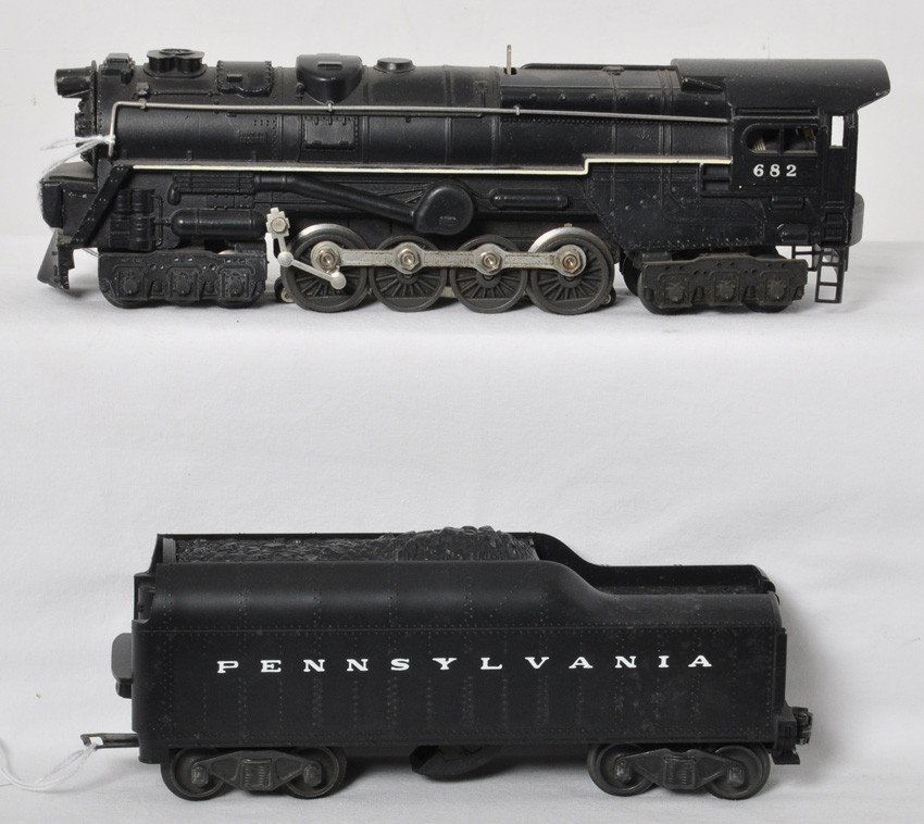 Lionel No. 682 steam turbine w/2046W Pennsylvania: Postwar Lionel O gauge 682 steam turbine with oxidation dots on cab roof, and touchup to cab corner, C6. 2046W Pennsylvania whistle tender with reproduction shell, some very light surface rust on unde