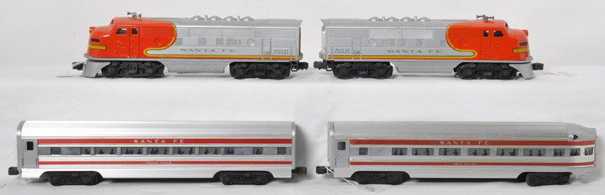 Lionel 2383 Santa Fe F3 AA w/2563 and 2561 red stripe: Postwar Lionel O gauge 2383 Santa Fe EMD F3a twin diesel locomotives with 2561 Vista Valley observation and 2563 Indian Falls Pullman, red striped Santa Fe passenger cars, C6. Clean battery compartmen