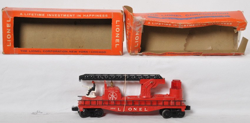 Lionel 3512 operating Fireman and ladder car, w/2 boxes: Postwar Lionel O gauge 3512 operating Fireman and ladder car with two partial boxes. Car has glue repaired ladder hanging nib, otherwise C6-7. Boxes are missing display panels, one is missing flaps.