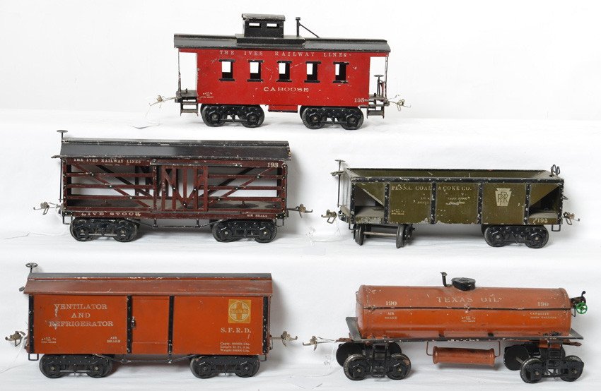 Ives 190, 192, 193, 194, 195 freight cars: Prewar Ives wide/standard gauge 190 Texas Oil tank, 192 S.F.R.D. boxcar, 193 Stock car, 194 PRR hopper, and 195 caboose, better C6.