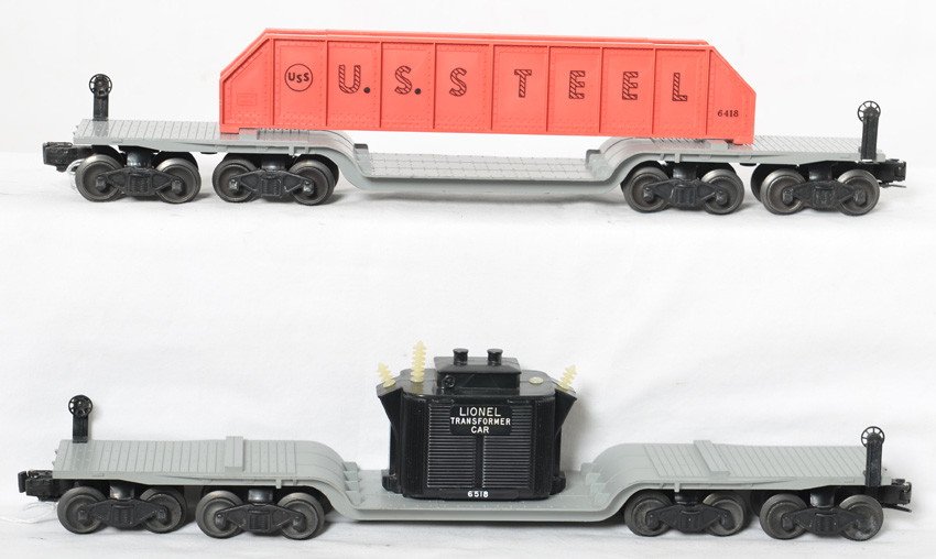 Lionel 6418 and 6518 depressed center flatcars: Postwar Lionel O gauge depressed center flatcars, 6418 with bridge girders, and 6518 with transformer (one insulator is missing). Trains otherwise C7-8.