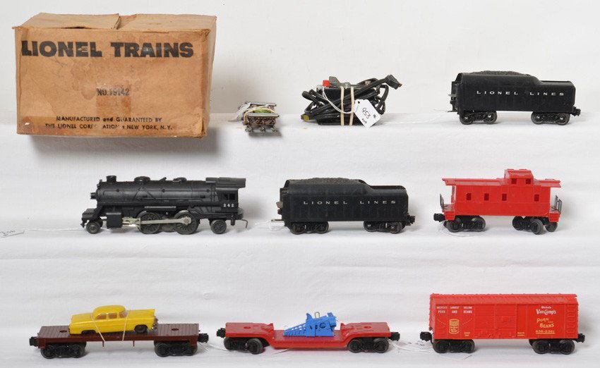 Lionel 19142 steam freight set, 242 steam loco, tender: Postwar Lionel O gauge 19142 steam freight set with 242 steam locomotive, two tenders, 3309/3349 turbo missile launcher car, 638-2361 VanCampÍs boxcar w/coin slot, general type flat with yellow auto,