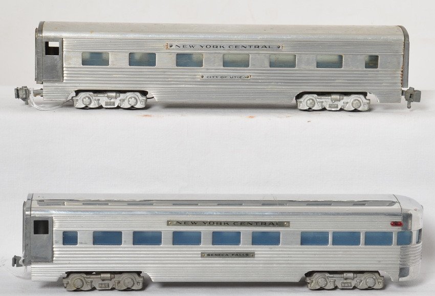 KMT New York Central passenger cars Pullman, obs.: Postwar KMT O gauge New York Central aluminum passenger cars, City of Utica coach and Seneca Falls observation, trains should clean and polish C6.
