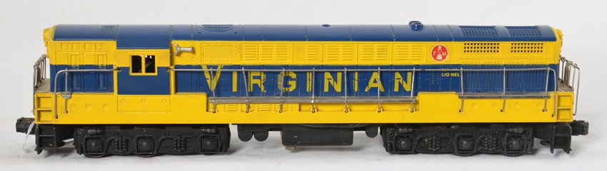 Tough Lionel 2331 Virginian HTF Gray Mold variation: Postwar Lionel O gauge 2331 Virginian Fairbanks Morse Trainmaster diesel locomotive, hairlines at screws, touchups to rear pilot. Train otherwise looks super nice C7-8.