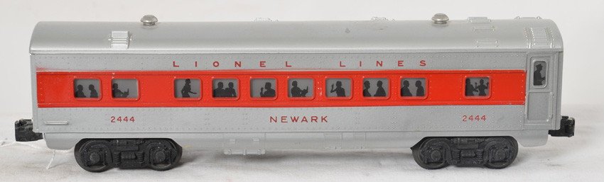Lionel 2444 Newark glossy red striped Pullman pass.: Postwar Lionel O gauge 2444 Newark glossy red striped Pullman passenger car, C6-7.