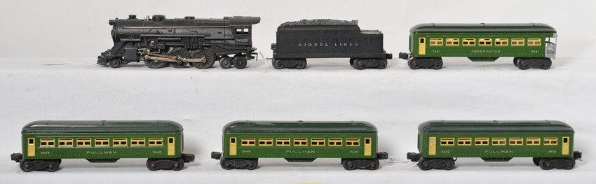 Lionel 2035, 2466WX, 2440, 2440, 2440, 2441: Postwar Lionel O gauge 2035 steam loco with 2466WX whistle tender and three 2440 Pullman coaches, and 2441 observation. Trains look C6. Two 2440 have repainted roofs and bodies.