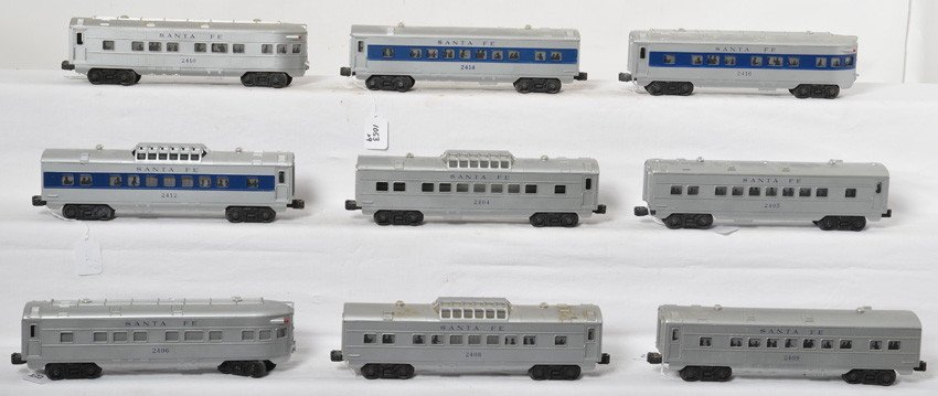 Lionel Santa Fe passengers, nine 2400 series cars: Postwar Lionel O gauge Santa Fe blue lettered and blue striped passenger cars, 2404 vista dome, 2405 Pullman, 2406 observation, 2408 vista dome, 2409 Pullman, 2410 observation, 2412 vista dome, 2414 P