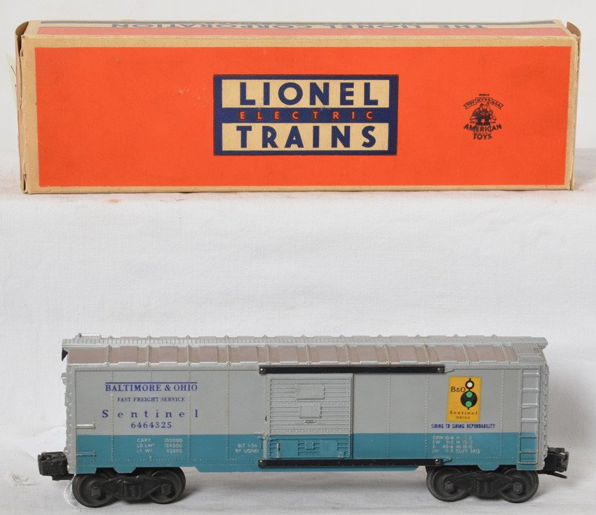 Lionel 6464-325 Baltimore and Ohio Sentinel boxcar in O: Postwar Lionel O gauge 6464-325 Baltimore and Ohio Sentinel boxcar in original box, should clean and polish to look C7. Light wear and tear to flap folds, one tape repaired flap fold. Box has no missi