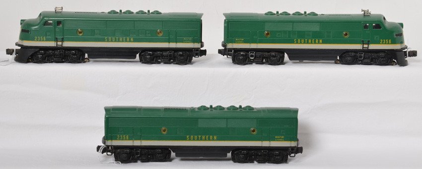 Lionel 2356 Southern EMD diesel F3 A-B-A units: Postwar Lionel O gauge 2356 Southern EMD diesel F3 A-B-A units, C7 area. Clean battery compartment and original porthole lens.