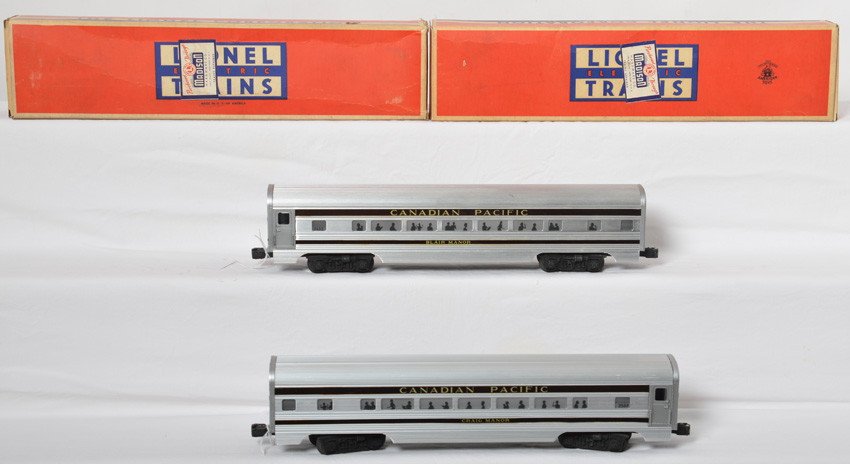 Lionel 2553 & 2554 Canadian Pacific passengers in OB: Postwar Lionel O gauge Canadian Pacific aluminum passenger cars in original boxes, C7-8. 2553 Blair Manor Pullman and 2554 Craig Manor Pullman. Boxes look C8 with Madison Hardware stickers.