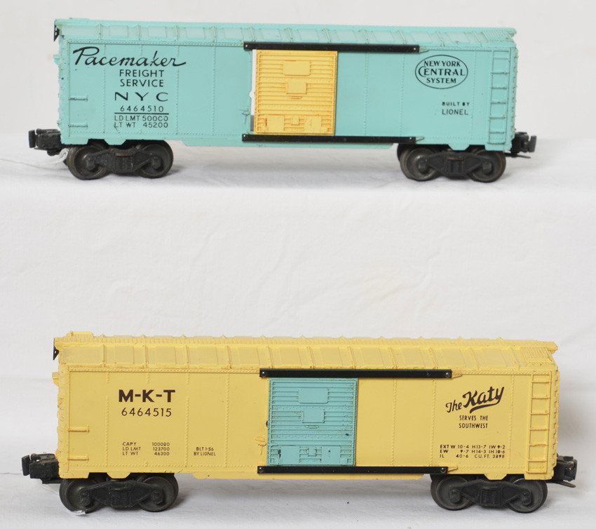 Lionel 6464-510 and 6464-515 boxcars for Girls sets: Postwar Lionel O gauge 6464-510 New York Central Pacemaker in pastel blue and 6464-515 MKT The Katy in yellow, boxcars for the Girls train sets. Both boxcars have a chipped/missing step, otherwise bot