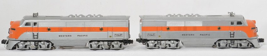 Lionel 2345 Western Pacific EMD F3a diesel locos: Postwar Lionel O gauge 2345 Western Pacific EMD F3a diesel locomotive units. Both units have blemishes in paint and a couple tiny touchups. Trains otherwise look C6. Original porthole lens and perfect