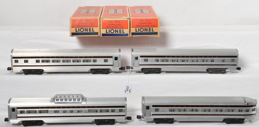 Lionel 2541, 2542, 2543, 2544 PRR passengers in OB: Postwar Lionel O gauge Pennsylvania aluminum passenger cars, 2541 Alexander Hamilton observation, 2542 Betsy Ross vista dome, 2543 William Penn Pullman, and 2544 Molly Pitcher Pullman. Trains should c