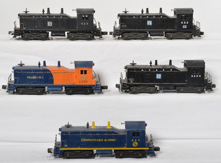 Lionel 622, 623, 624, 6220, 6250 NW-2 diesel switchers: Postwar Lionel O gauge 622 A.T.S.F., 623 A.T.S.F., 624 Chesapeake and Ohio, 6220 A.T.S.F., and 6250 Seaboard, NW-2 diesel switchers. 622 has decal numbers on nose, 624 and 6250 have decal lettering. 6