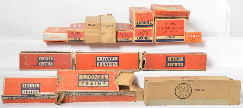 Lionel lot of boxes 3356, 2243C, 6672, 736-26, etc: Lionel Postwar O gauge boxes including 3356, 2243C missing a tab, 6672 tape repaired missing flap, 736-26, 2046W, 214, 3562-75 with writing on end, 6376 Circus car with detached end flap, rough 2343T,