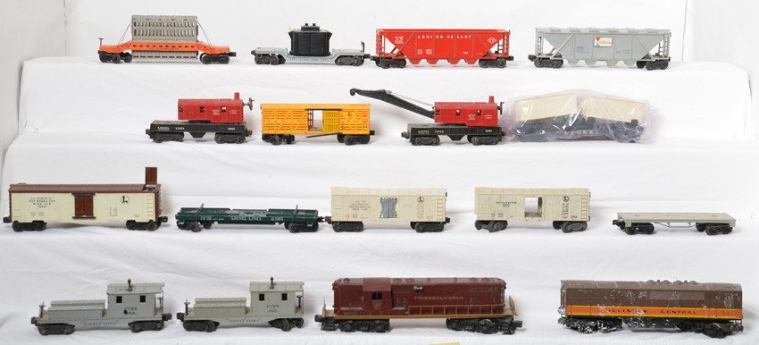 Lionel 2028, 6456, 6519, 2460, 3662, 6361, etc: Lionel Postwar O gauge trains. Includes Pennsylvania 2028 GP-7 with restamped lettering and slightly warped shell, custom Illinois Central B unit with some paint wear and plaster residue, 6456, 6469,