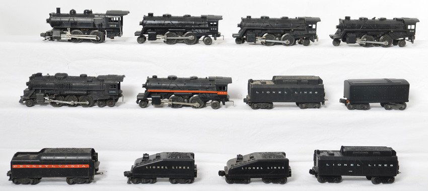 6 Lionel locos 246, 1130, 242, 1615, 2016, 250: Lionel Postwar O gauge locomotives and tenders. Locos include 246, 1130, 242, 1615, 2016, and 250. Tenders include repainted 6654W, 234W, two slope back, orange stripe Pennsylvania and Lionel Lines wi
