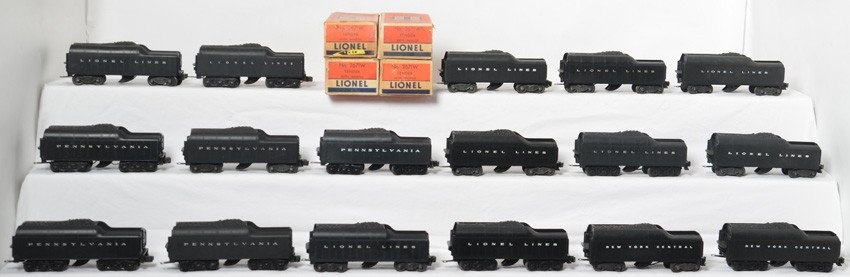 17 Lionel tenders 2046W, 2671W, 2046W-50, etc: Lionel Postwar O gauge tenders. Seventeen tenders include 2671W, 2671W, 2671W, 2046W, 2671W, 2046W, repainted 2046W. 2046W, 2046W, 2671W, 2671W, 2046W-50, 2671W, 2046W-50, 2671W, 2671W, and 2046W-50. 