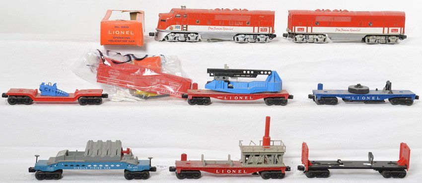Lionel 2353P, 2245C, 6544, 3413, 6470, 3419, more: Postwar Lionel O gauge 2353P and 2245C MKT The Texas Special EMD F3 diesel A-B units with 6544 missile firing car, 3413 Mercury Capsule launching car, 6470 Explosives boxcar, 3419 helicopter launching