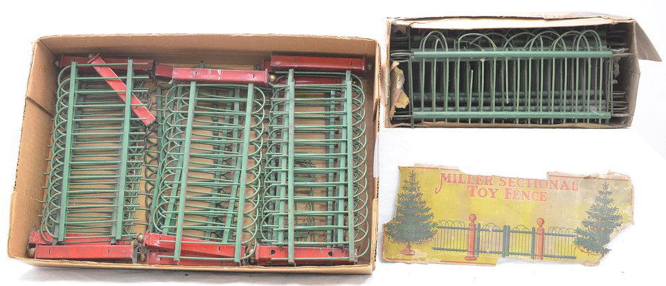Selection of Green Fence Sections w/Red Posts: Selection of green fence sections with red posts. Also included is a box of Miller sectional toy fence manufactured exclusively by A.W. Drake Manufacturing Co., Hazleton, Pennsylvania. Please view pho