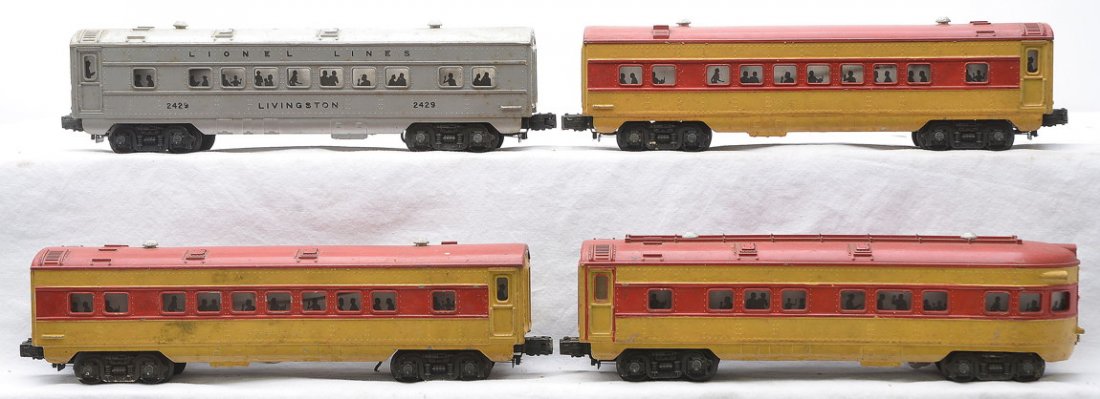 Lionel Postwar Pass Cars 2421 2422 2423 2429: Lionel postwar 2421 Maplewood, 2422 Chatham and 2423 Hillside observation that have all bee repainted in yellow and red. Also included is a 2429 silver Livingston Pullman. Please view photo to verify 