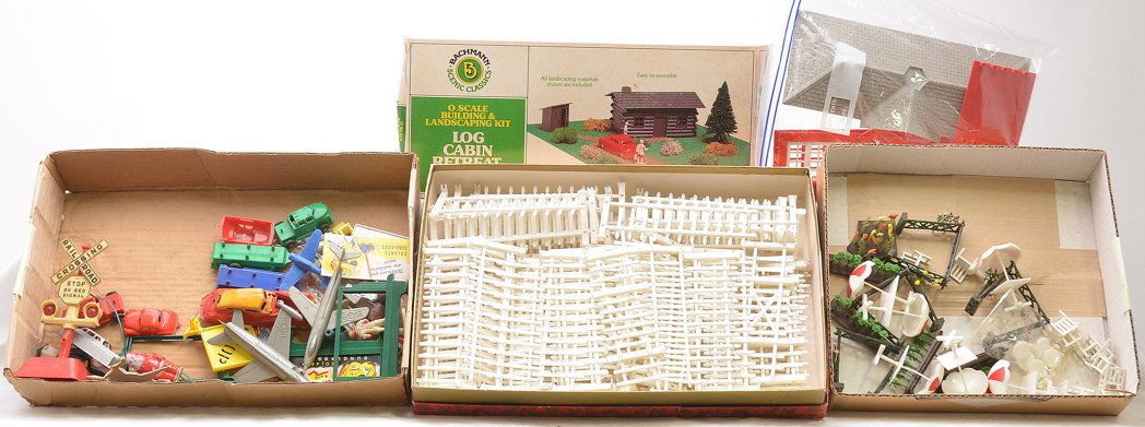 Plasticville Fence School Britains Lawn Set: Plasticville fence sections, Plasticville school building, log cabin retreat missing the cabin in OB and a Britains LTD. plastic lawn set. also included are a selection of plastic vehicles, figures an