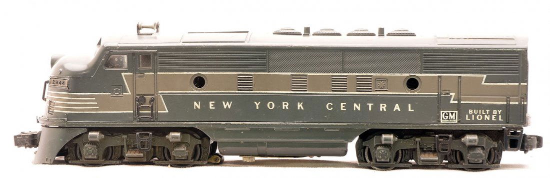 Lionel 2344 New York Central F3 A Diesel Unit: Lionel postwar 2344 New York Central F3 A diesel unit. The portholes are all missing. There is battery damage and a crack on the back side of the unit. Please view photo for condition. This lot will b