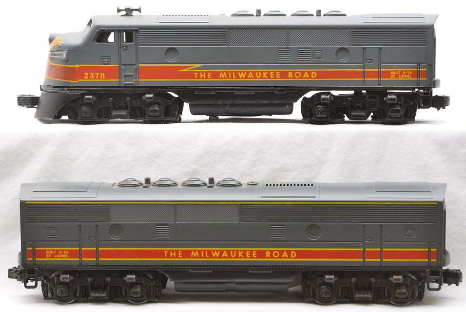 Lionel 2378 Milwaukee Road F3 AB Units: Lionel postwar 2378 Milwaukee Road F3 AB diesel units. The A unit is missing the motors and has battery damage. Both the cabs are reproduction. The A unit frame has been repainted. Please view photo t