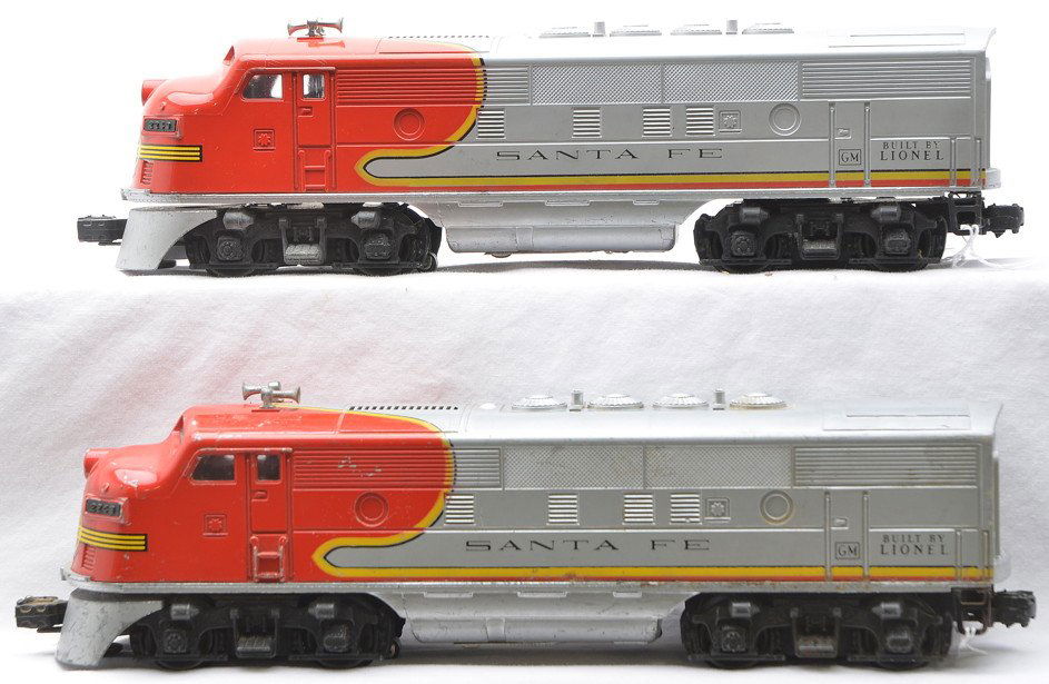 Lionel 2-2243 Santa Fe F3 Power A Diesel Units: Lionel postwar two 2243 Santa Fe F3 powered A diesel units. One of the units is a C6 and the other unit has battery damage and is C5.