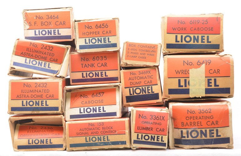 Lionel Selection of Original Boxes ONLY: Lionel selection of postwar original boxes only including; 6035, 3562, 3464, 6119-25, 6419, 6457, 153, 3469X, 3361X, 6456. two 2432, 2436 and a box for 022C controllers, plugs and lamps. Please view p