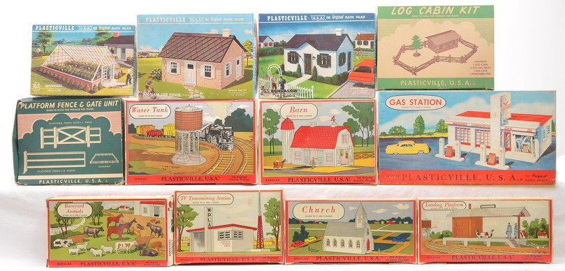 Bachmann Bros. Selection of Plasticville Kits: Bachmann Bros. Inc. Plasticville kits including; 1620-100 loading platform, 1800-149 gas station, 1630-100 Cape Cod home, 1618-100 TV transmitting station, LC-2 log cabin kit, 1615-100 water tank, 160