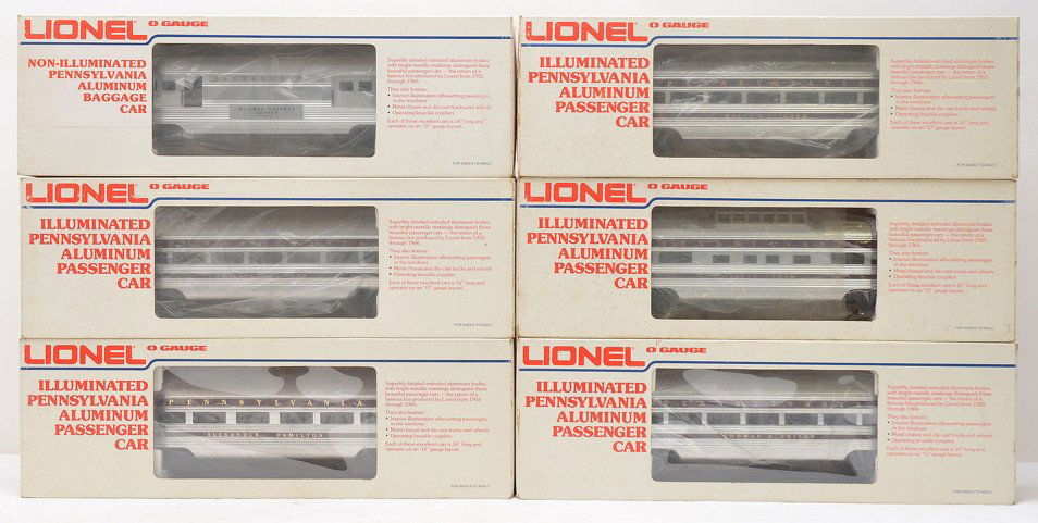 Lionel PRR 9570 9571 9572 9573 9575 9574: Lionel aluminum Pennsylvania passenger cars including; 9570 baggage, 9571 William Penn, 9572 Molly Pitcher, 9573 Betsy Ross vista dome, 9575 Thomas A. Edison and a 9574 Alexander Hamilton observation