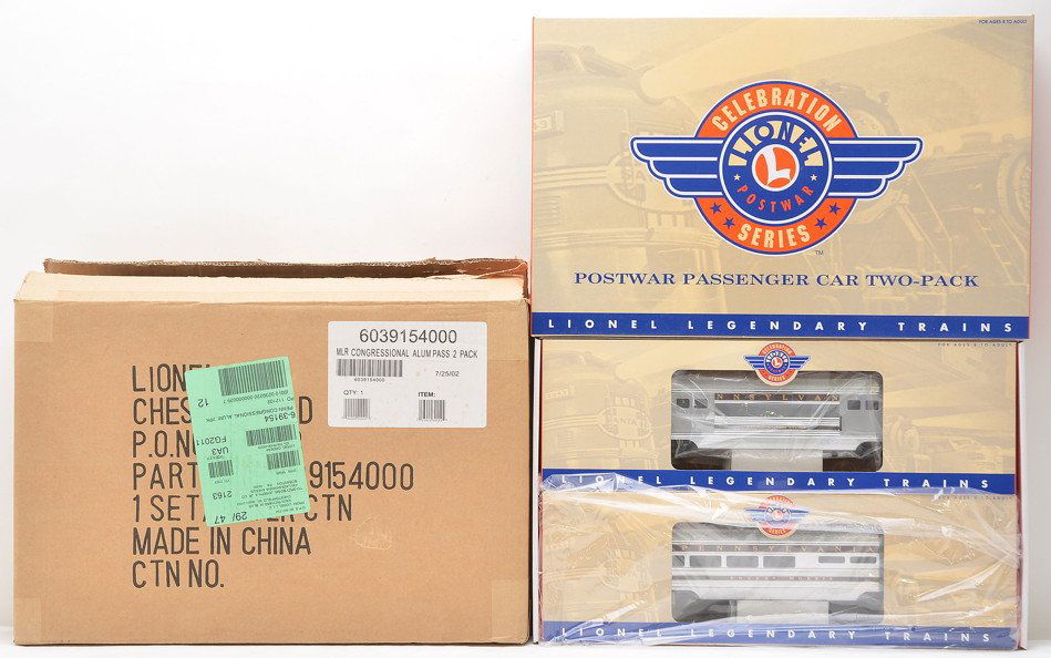 Lionel 39154 Congressional Pass 2-Pk MINT OB: Lionel 39154 Congressional aluminum passenger car two-pack including; 39155 baggage and a 39156 Robert Morris dining both in individual OBs, master carton and outer shipping carton, C10.