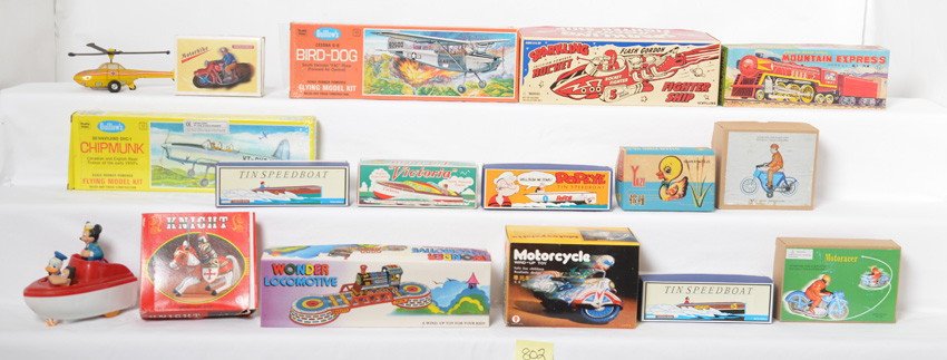 Large lot of lithographed windup tinplate toys in OB...: Large lot of newer and older lithographed tinplate windup mechanical toys and other toys. Some plastic, some diecast metal,etc. Some items are new in the box and some are used and could be cleaned to 