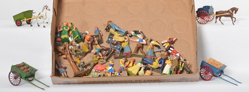 Britains, John Hill Co., Elastolin, village people and: Nice grouping of Britains, John Hill Co., Elastolin, France, and other lead, plastic, and composition village people and animal figures. Condition ranges from C6 to C9-10.