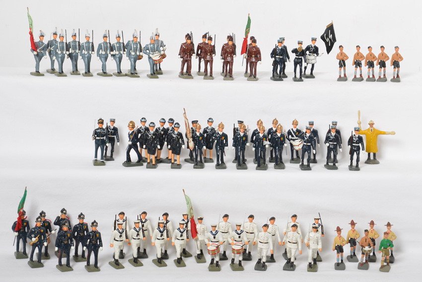 Large grouping of unmarked composition soldiers,: Large group of unmarked, but very nice older composition figures. Several parade bands of soldiers, police, cadets, brown shirt Nazis, Boy Scouts, etc. Condition is fantastic with only a few chips bei