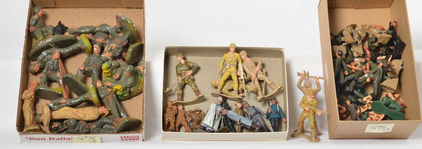 Army men figures, soldiers, MASH, Auburn Rubber, Mattel: Group of mixed Army men/soldiers. Seven MASH TV series figures (all but Hot Lips has holes in their feet), 1974 Mattel Heroes in Action (six figures, four on bases), one 1982 REMCO, twelve 1950 J H Mi