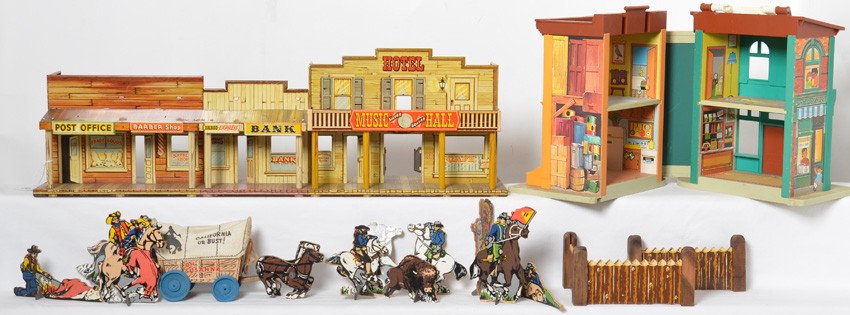 Marx Freight Terminal Western Town Fisher-Price Sesame: Marx lithographed tinplate Freight Terminal railroad play set building with a spot of oxidation/surface rust on base only, rest is bright and shiny C6-7. Marx lithographed tinplate Western Town Main S