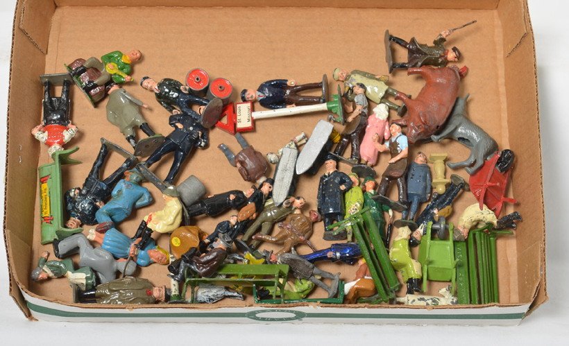 Britains, Barclay, John Hill Co., etc., farmers,: Large group of Britains, Barclay, John Hill Co., and possibly other diecast lead soldiers, farmers, railroad, police, gentlemen, village idiot, cowboy, blacksmith, military baker, and numerous animals