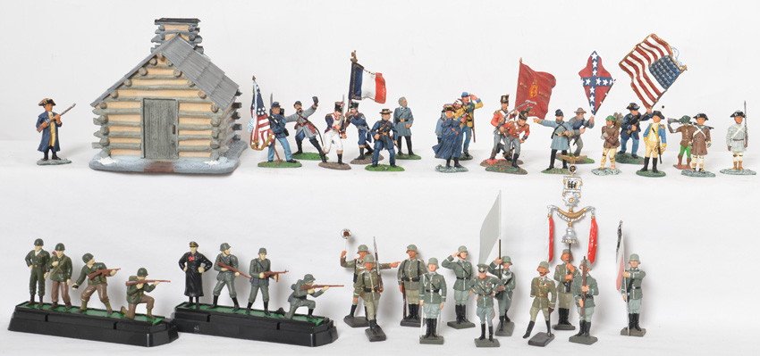 Group of modern Britains and Lineol soldiers and: Group of modern Britains and reproduction Lineol soldiers and Valley Forge building. One Lineol German soldier has a broken arm and is sold as is with no returns, rest of soldiers and building look C9
