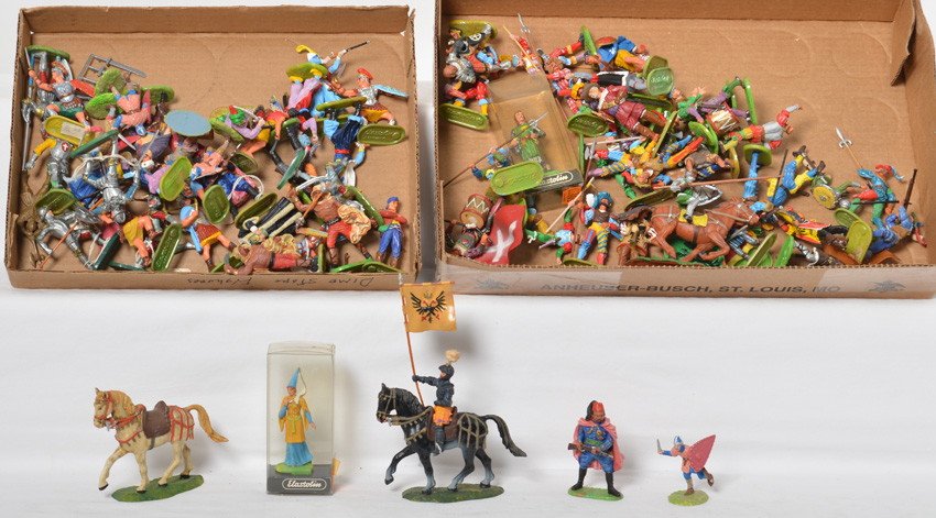 Group of Elastolin and other Arabians, Romans,: Mixed group of Elastolin, Conte Collectibles and others, plastic toy soldiers/figures. Group appears to be: Romans, Greeks, Arabians, Mid Evil knights, Normans, Saxons, Vikings, Renaissance, Robin Hoo