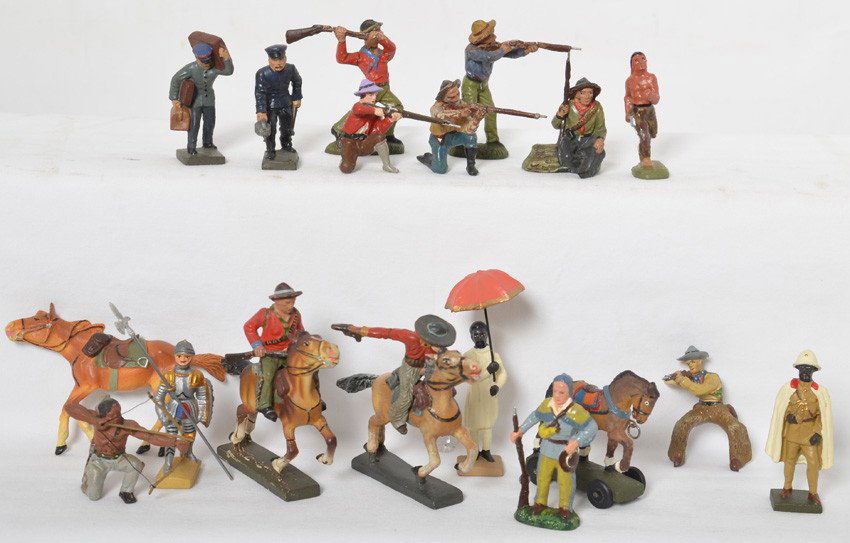 Group of Lineol soldiers, cowboys, Indians, railroad...: Nice grouping of Lineol composition toy cowboys and Indians, two cowboys on horseback, one dead horse, two railroad figures, two African? figures, knight in armor, Daniel Boone or Davy Crockett figure