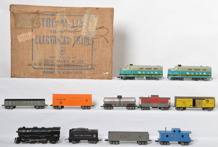 Marx No. 2522 steam set in OB w/B&O diesel freight set: Postwar Marx O gauge No. 2522 3/16 scale steam type electric train set in original box with 999 diecast steam loco, New York Central tinplate tender, 256 Niacet Chemicals tank, (3555) 35461 PFE reefer