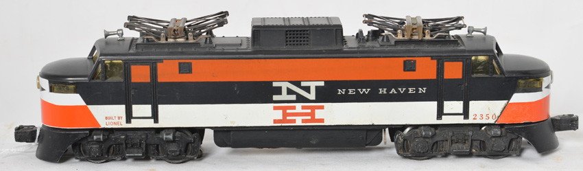 Lionel 2350 New Haven EP-5 electric locomotive: Postwar Lionel O gauge 2350 New Haven EP-5 electric locomotive with white N and decal nose, C6-7 with corrosion/oxidation to chassis at battery compartment.