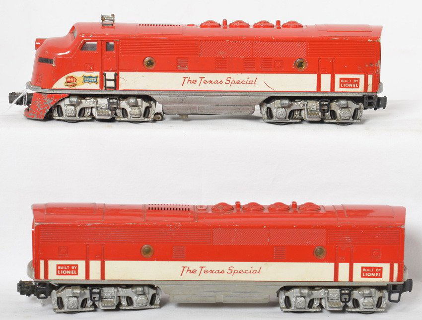 Lionel 2245 MKT The Texas Special F3 A-B diesels: Postwar Lionel O gauge 2245 MKT The Texas Special EMD F3 diesel A-B units with original porthole lens. A unit shell has hairline in rear corner. Trains otherwise look C6 area.