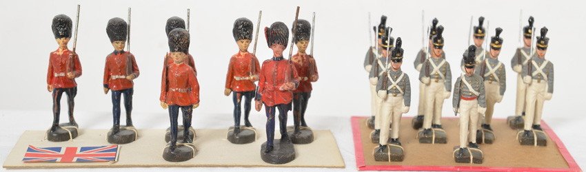Lineol West Point Cadets and Elastolin Coldstream Guard: Nice grouping of Lineol West Point Cadets and Elastolin Coldstream? Guard, composition toy soldiers. Soldiers look C6 to C9-10. Cadets measure approximately 8 cm to tip of rifles. 6 Coldstream Guards 