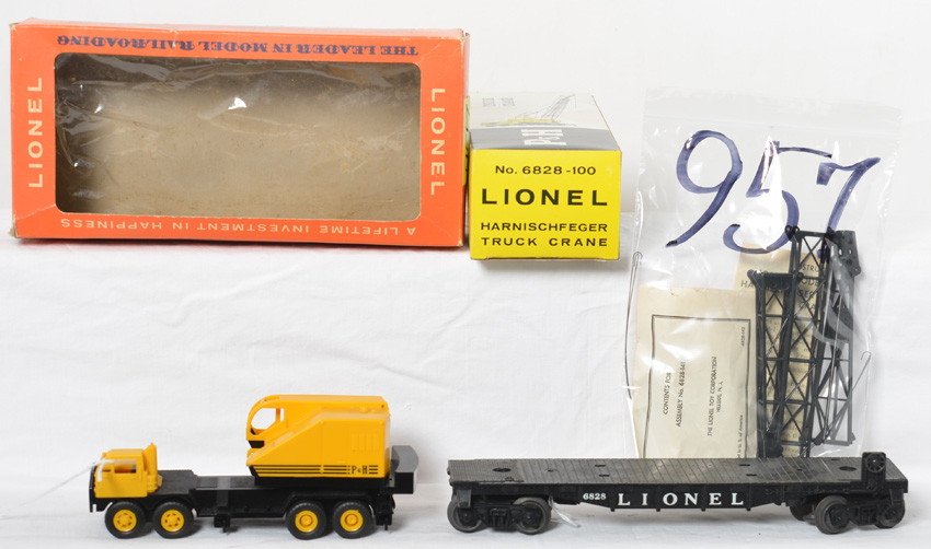 Lionel 6828 Harnischfeger Truck Crane in OB w/picture: Postwar Lionel O gauge No. 6828 flatcar w/Harnischfeger Truck Crane in original boxes, pick section of boom is missing a mounting tab. Flatcar looks unrun C9-10. Crane looks unassembled C9-10. Inner 6