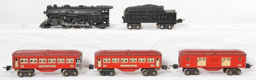 Lionel 225, 2245W, 600, 601, 602 red passenger cars: Prewar Lionel O gauge 225 steam locomotive with 2245W whistle tender, 600 Pullman, 601 observation, and 602 baggage, passenger cars. Loco has touch ups around roof edges, tender is missing front coupl