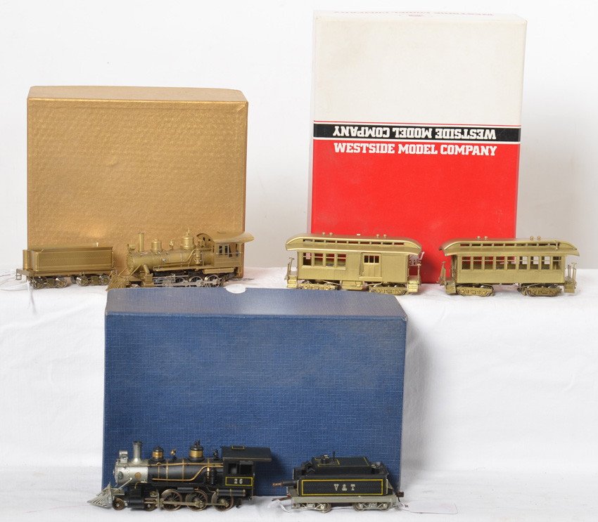 Westside Model Co., United Scale Models, NWSL brass HO: Postwar HO scale brass trains in original boxes, Westside Model Company Sierra #5 and #6 short coach and combine by Samhongsa, United Scale Models Virginia and Truckee 4-6-0 No. 26 steam locomotive an